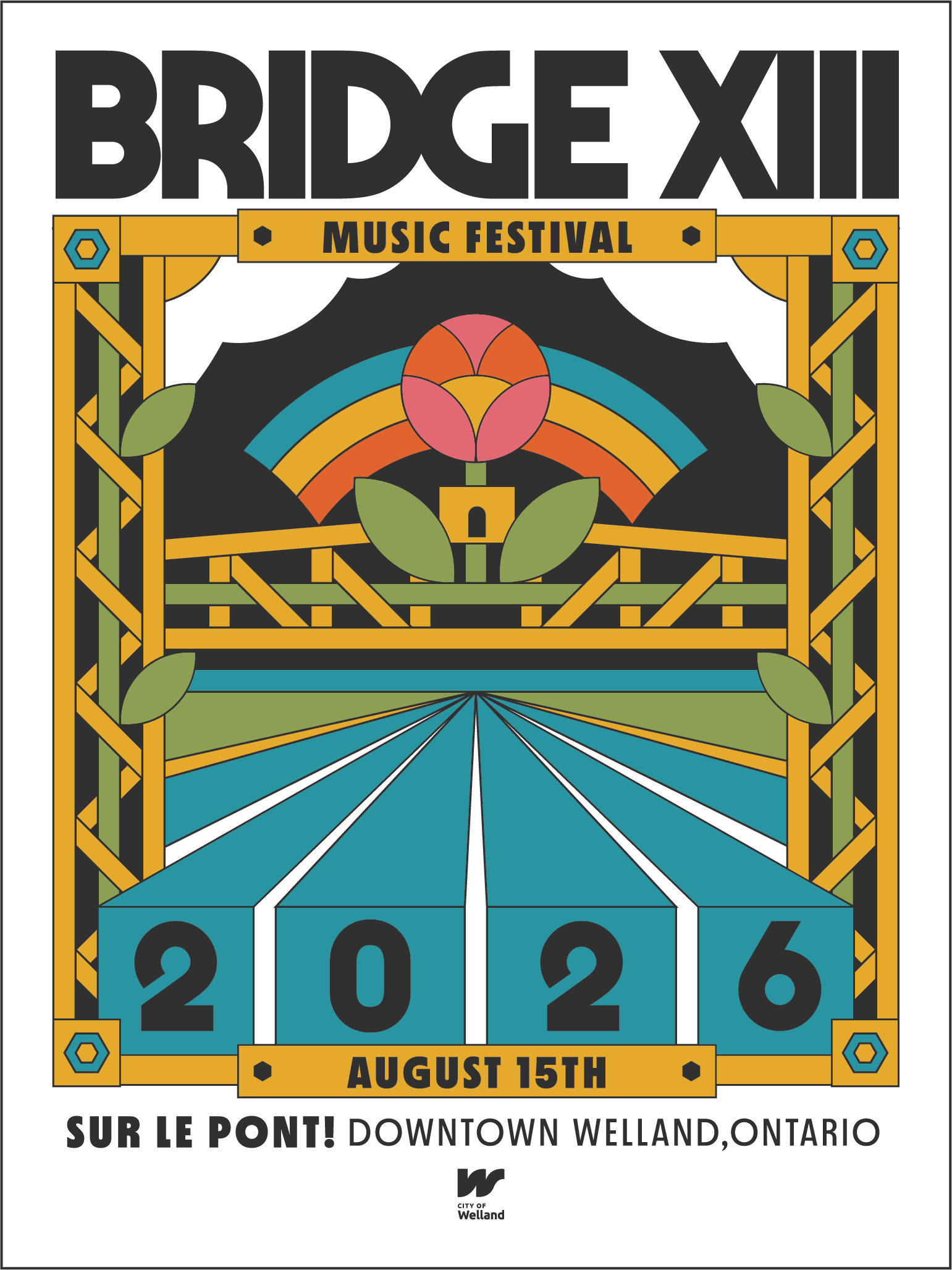 A poster for the BridgeXII Music Festival held on August 15th, 2022, in Downtown Welland, Ontario, featuring decorative design elements including a rainbow, flower, and geometric shapes.
