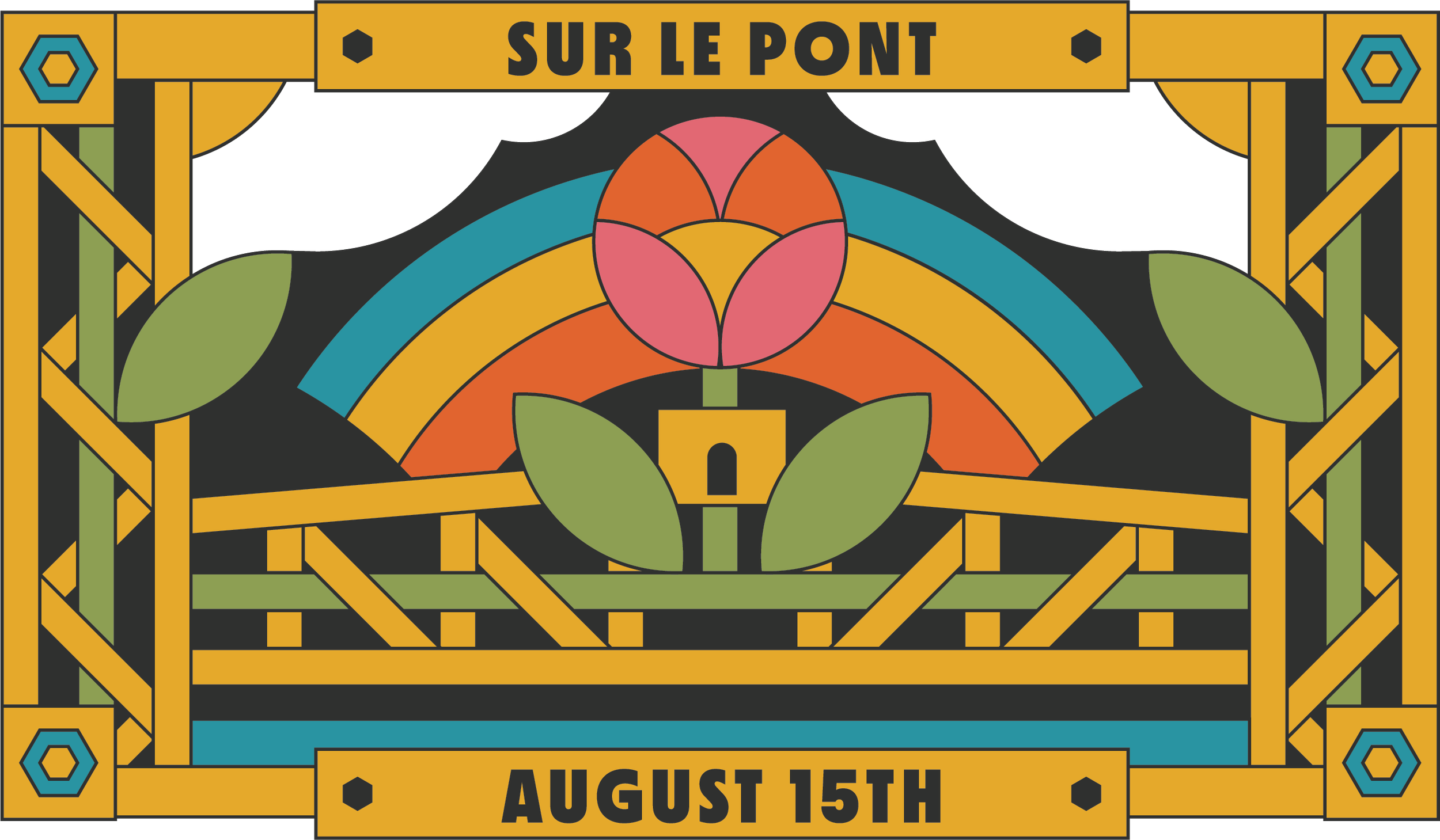 Event ticket with colorful geometric design, text says 'Sur le Pont,' event date August 15th.