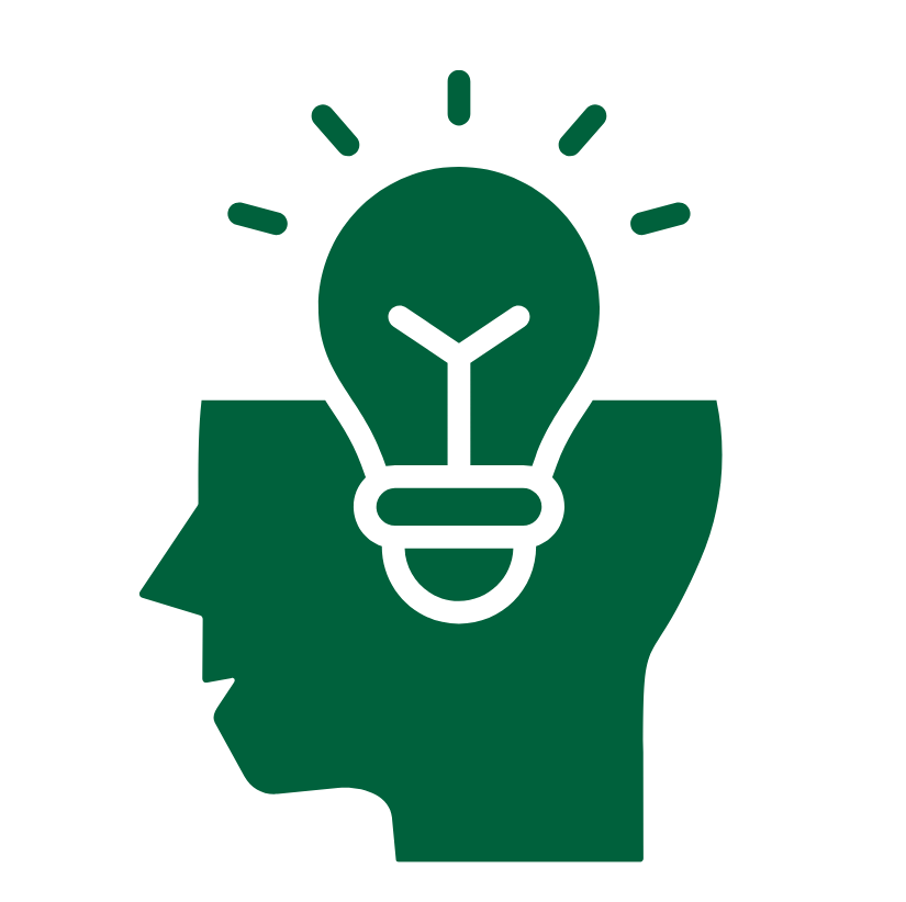 Silhouette of a person's head with a lightbulb symbol above it, representing an idea or creativity.