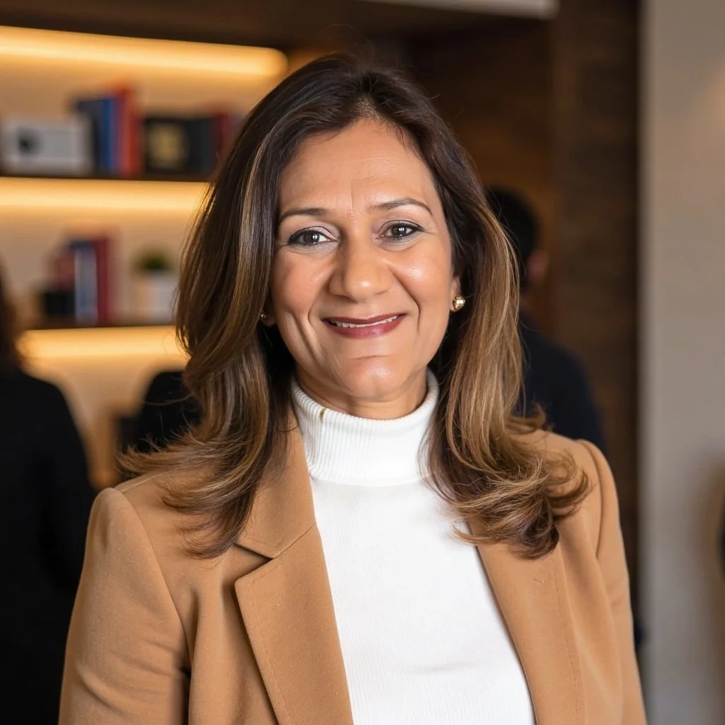Close-up of a smiling woman with shoulder-length brown hair, wearing a white turtleneck and tan blazer, in an indoor setting with blurred background.