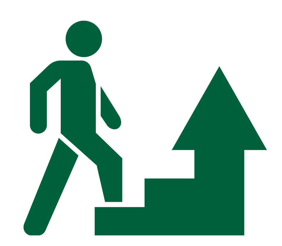 A green icon of a person climbing stairs with an upward arrow, symbolizing progress or growth.