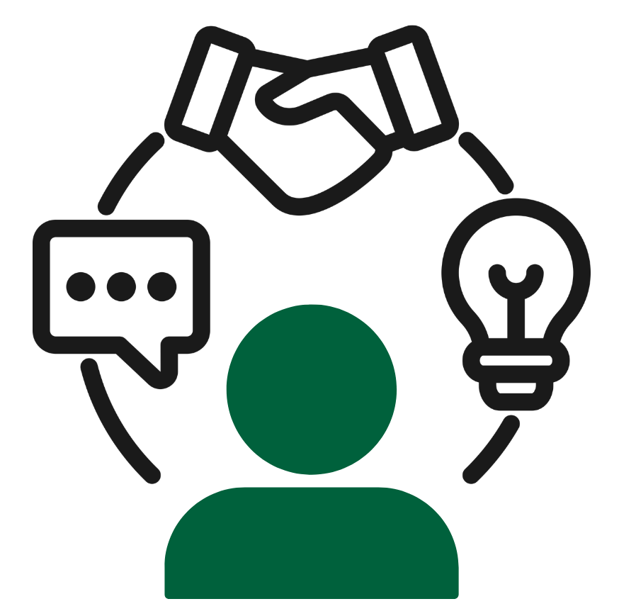 Icon of a person with a green silhouette surrounded by icons of handshake, speech bubble, and light bulb.
