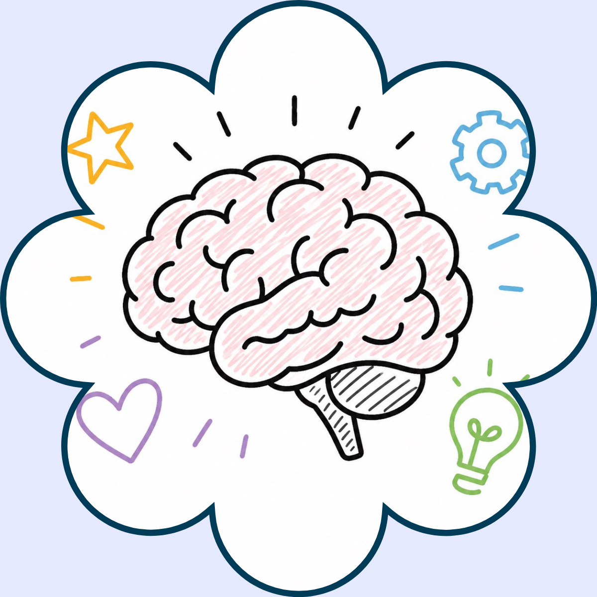 A colorful illustration of a brain surrounded by icons of a star, gear, heart, light bulb, and lines, all within cloud-like borders.
