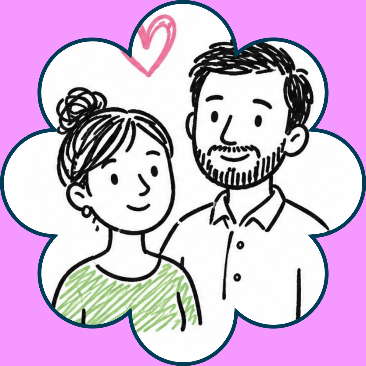 A black-and-white drawing of a woman and a man inside a flower-shaped border with a purple background, with a pink heart above them.