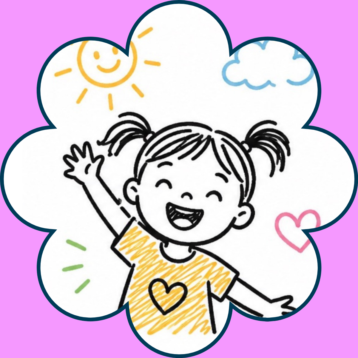 A cheerful cartoon girl with pigtails, wearing a yellow shirt with a heart, smiling and waving. The background features a sun with a smiling face, a cloud, and a pink heart, all outlined in black on a purple background.