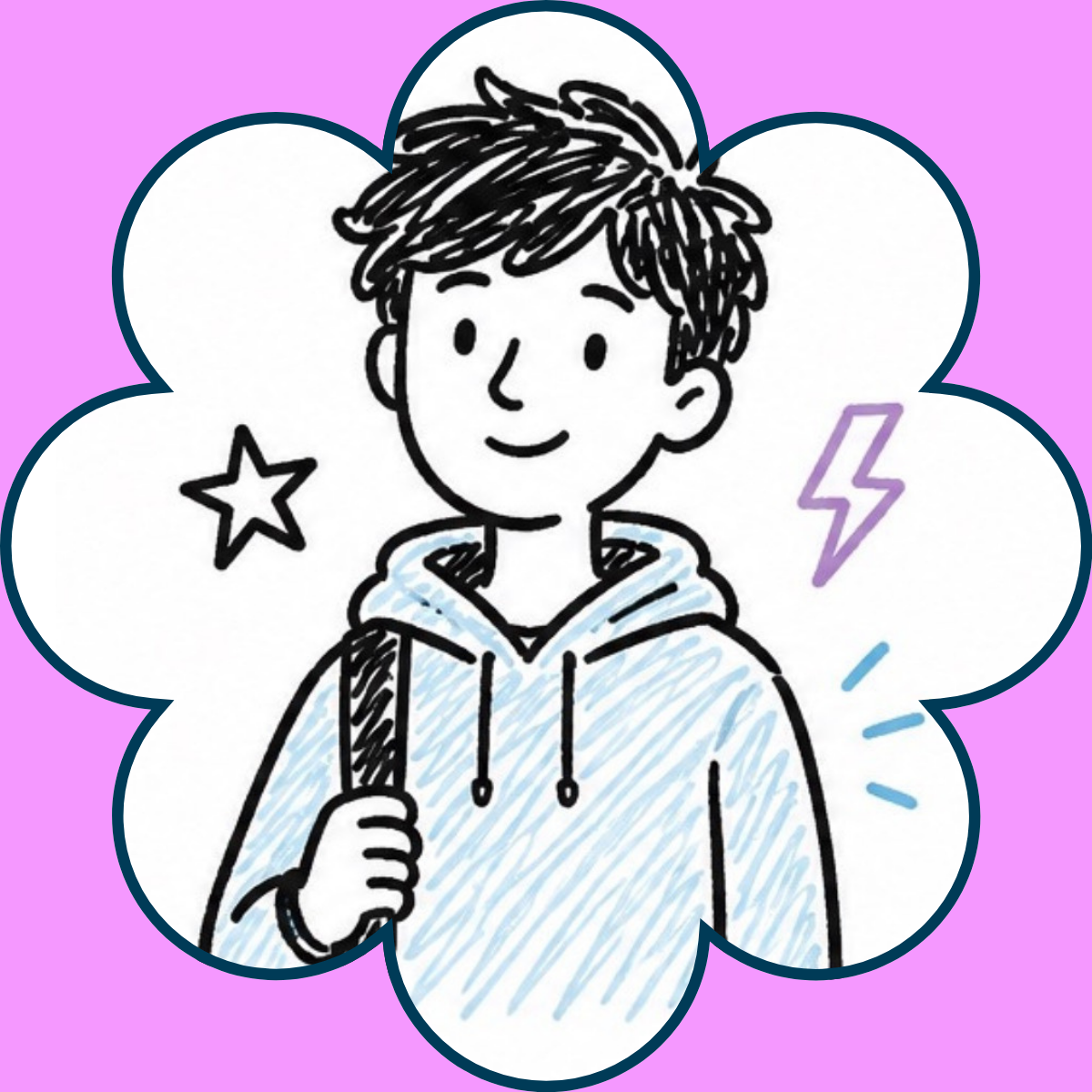 Drawn illustration of a smiling young person with short, dark, tousled hair, wearing a hoodie and carrying a bag over shoulder, surrounded by a star, lightning bolt, and abstract lines, on a purple background.