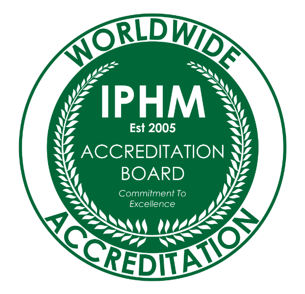 Green and white circular badge with the text "WORLDWIDE IPHM ACCREDITATION BOARD" and "Acceptance" and "Commitment To Excellence" in the center, indicating an accreditation from the International Practical and Holistic Medicine (IPHM).