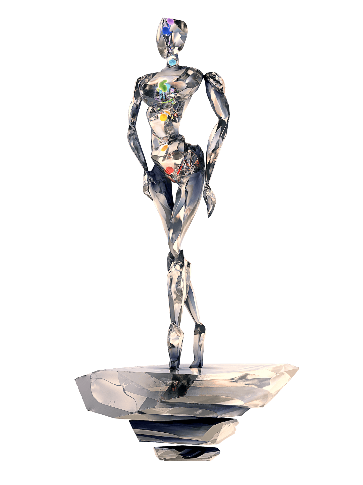 An abstract sculpture of a human figure made of reflective metallic material, standing on a reflective base with a black background.