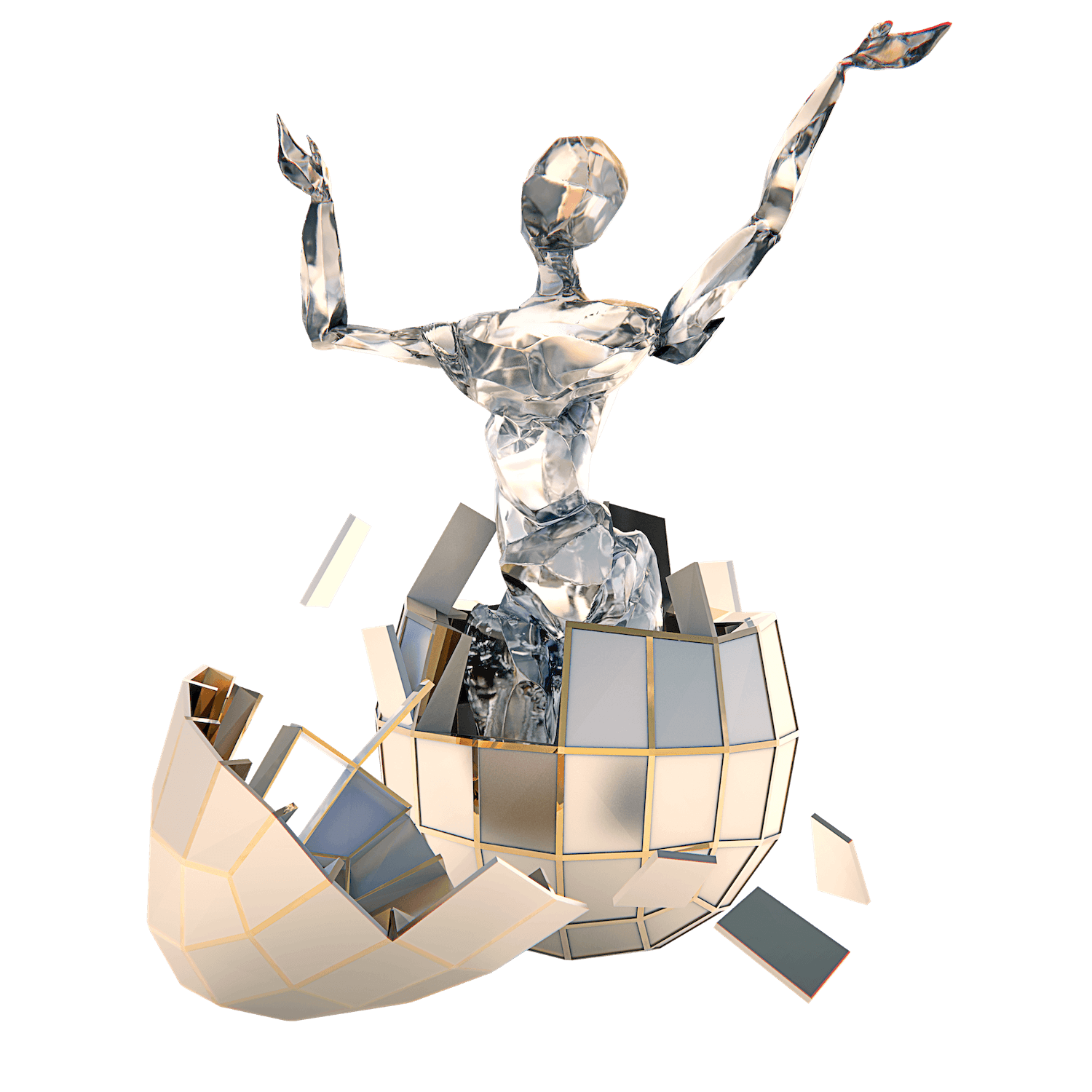 A metallic statue of a muscular man with arms raised above his head, standing in a cracked and shattered structure resembling a broken globe or sphere, against a black background.