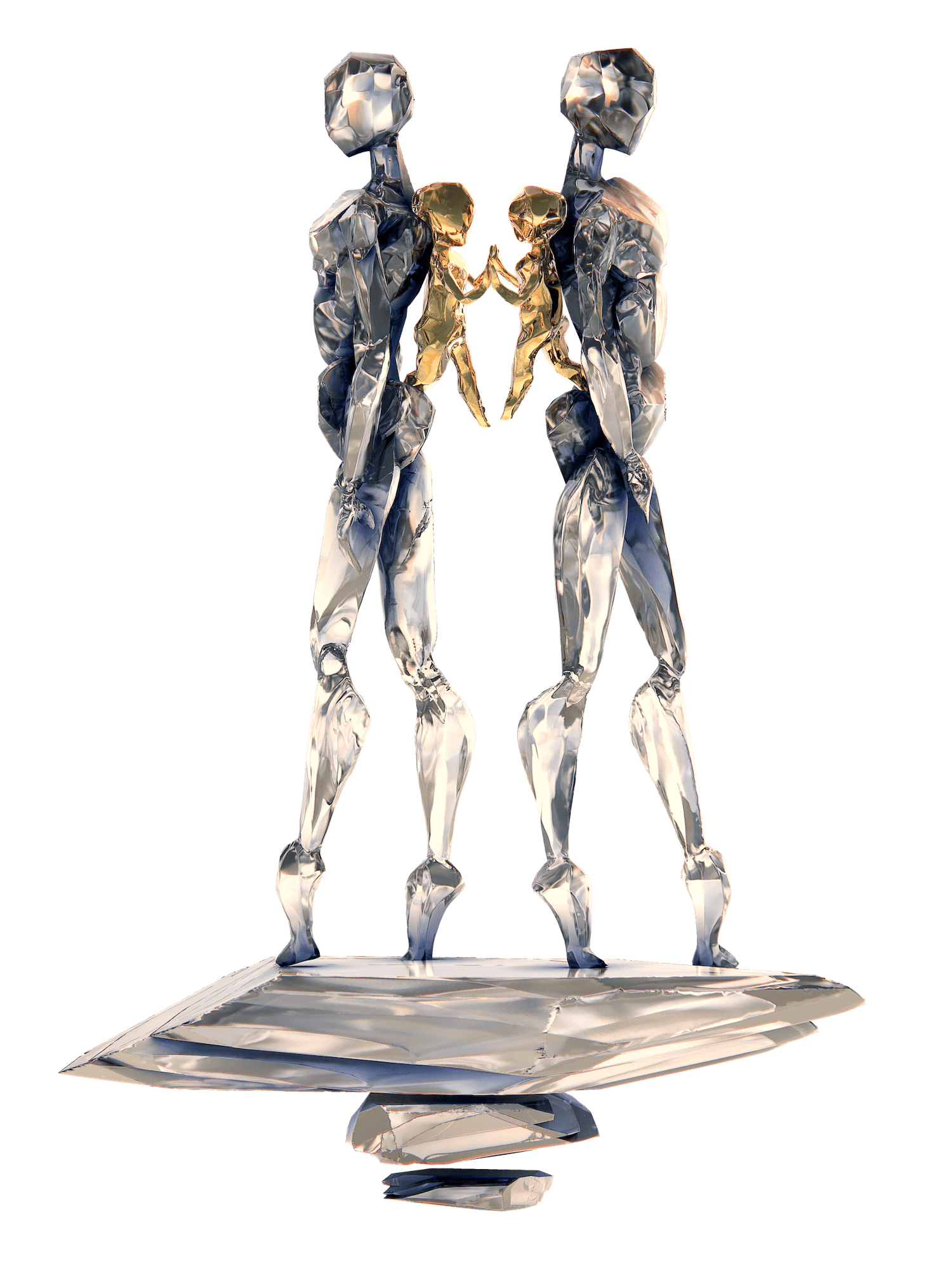 A metallic sculpture of two tall, abstract humanoid figures facing each other, with two smaller figures in gold between them, all standing on a reflective base.