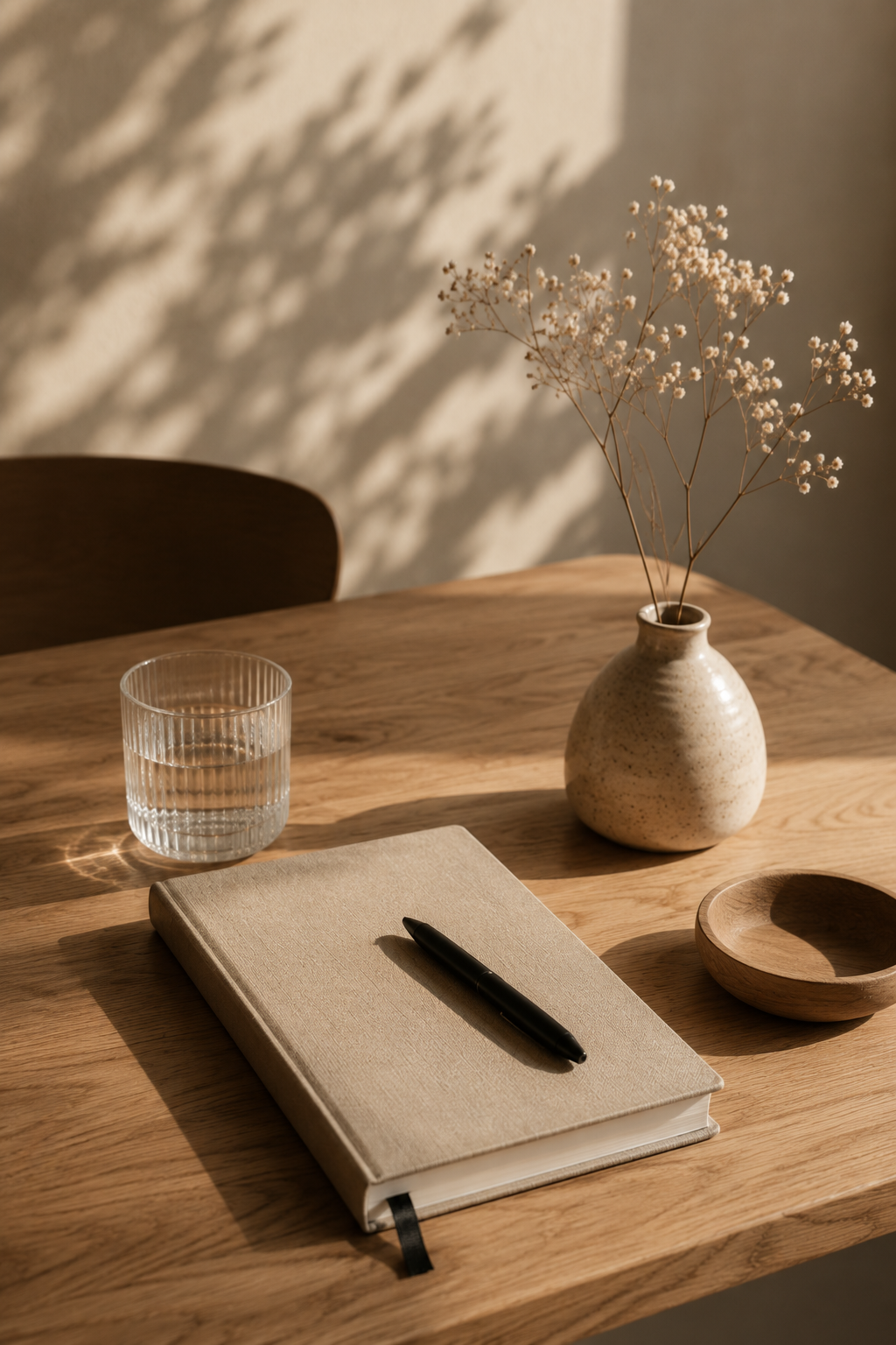 Notitieboek en pen op een houten tafel met een vaas met bloemen