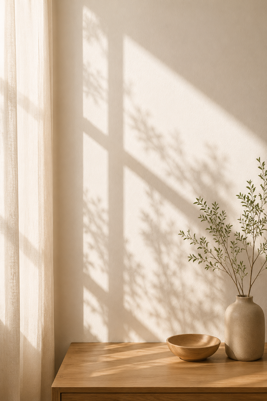 Minimalistisch interieur met vaas en zacht zonlicht