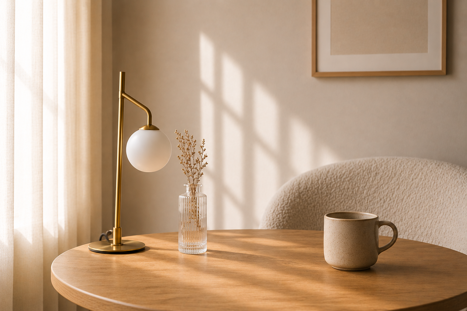 Minimalistisch interieur met vaas, mok en zacht zonlicht