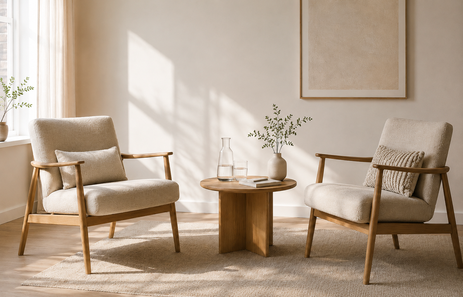 Rustige coachingruimte met twee fauteuils en een ronde tafel