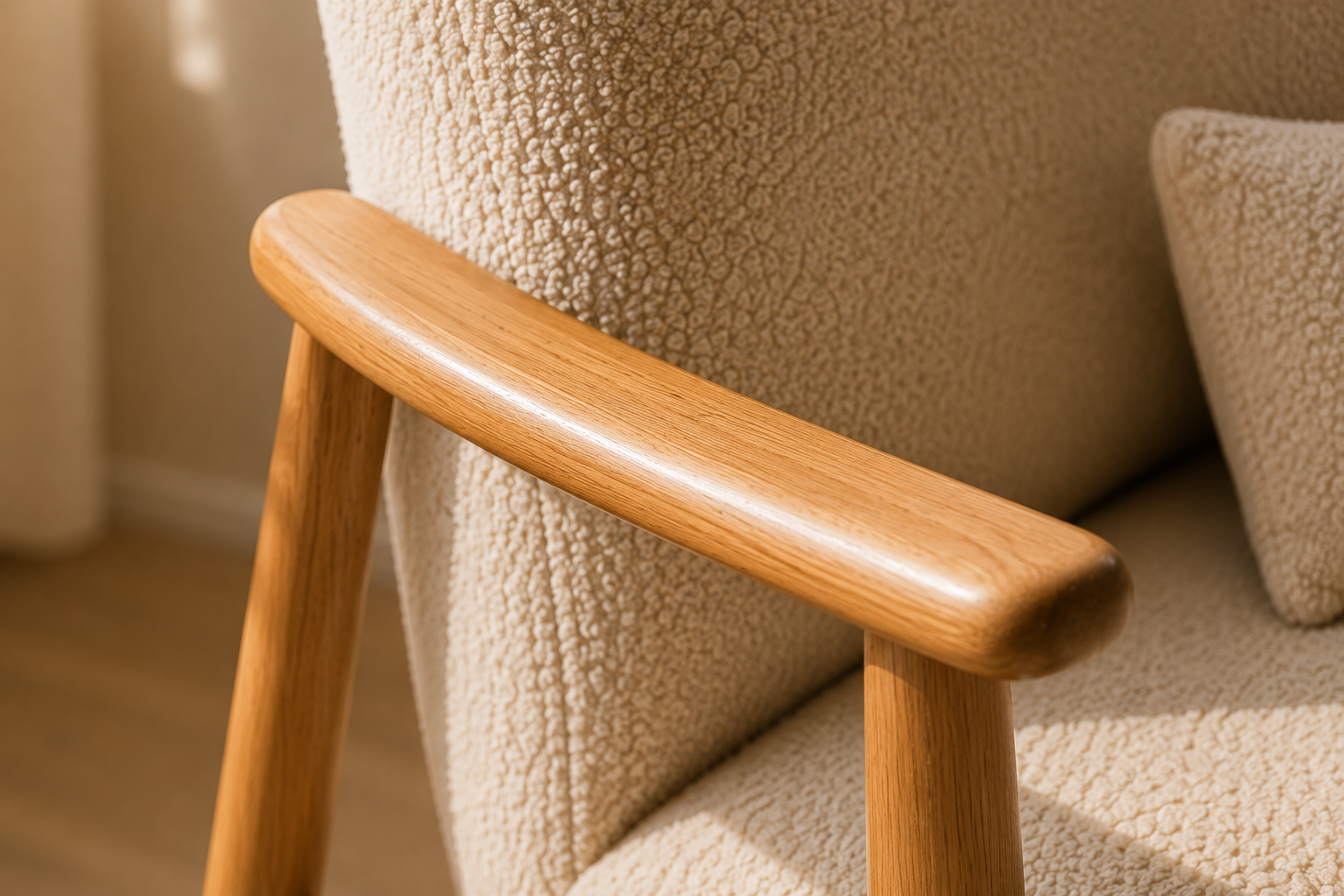 Detail van een comfortabele stoel in een minimalistisch interieur