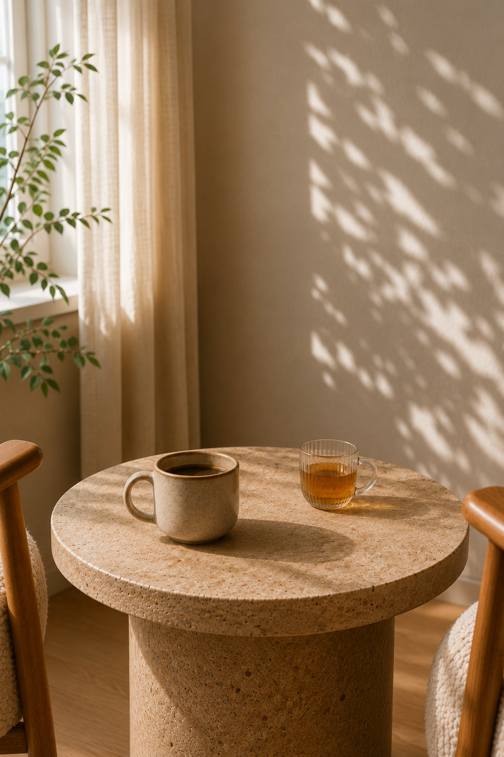 Koffie en thee op een tafel in warm ochtendlicht