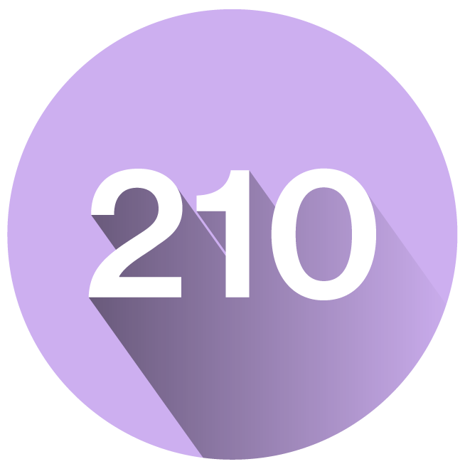Número 210 em destaque em um círculo roxo com sombra longa.