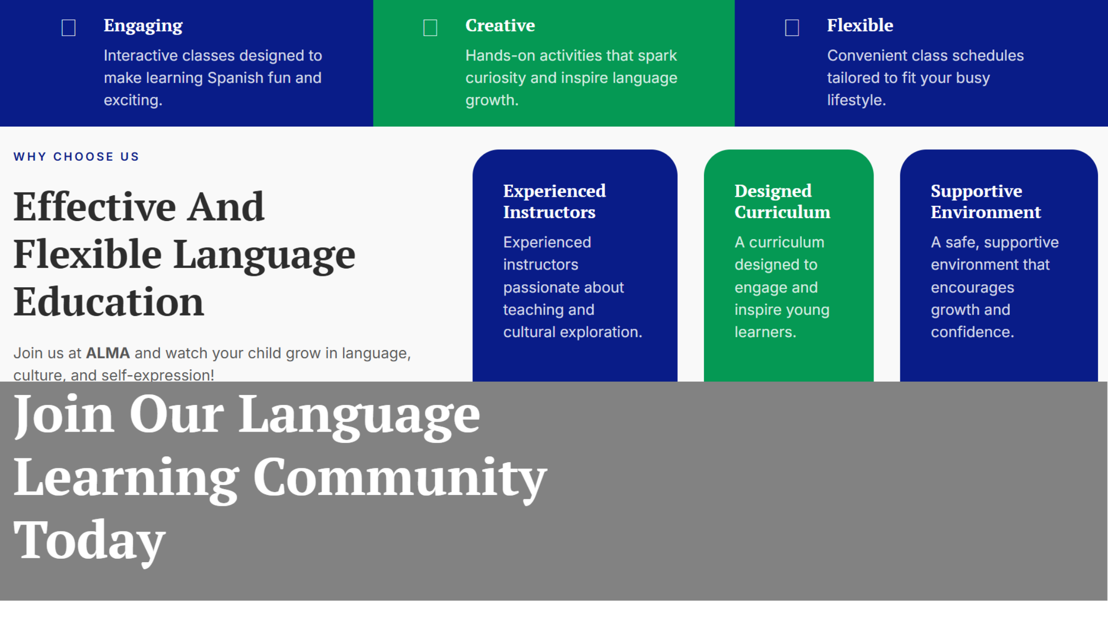 A colorful infographic promoting a language learning community called ALMA, emphasizing engagement, creativity, flexibility, experienced instructors, curated curriculum, and supportive environment.