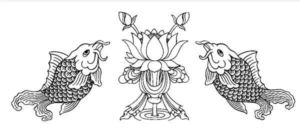Zwei Koi-Karpfen umgeben von einer Lotusblüte