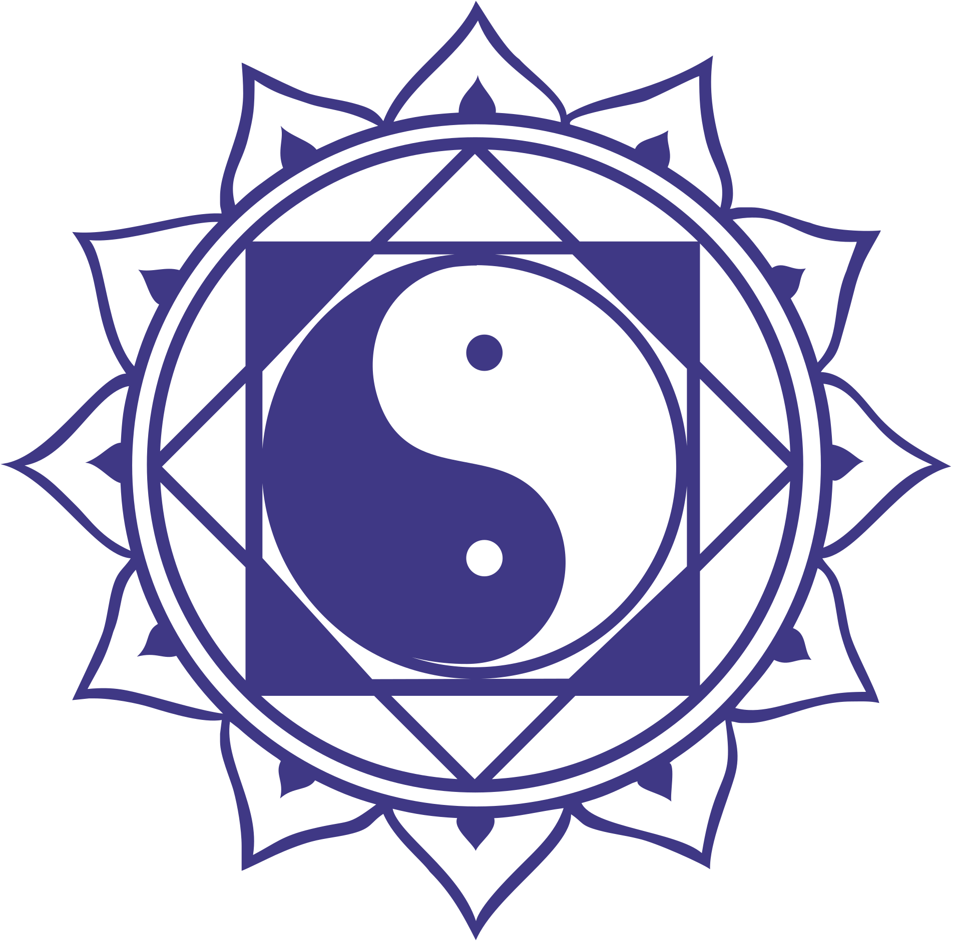 Linienzeichnung eines blauen Om-Symbols, umgeben von einem geometrischen, mandalaartigen Rahmen