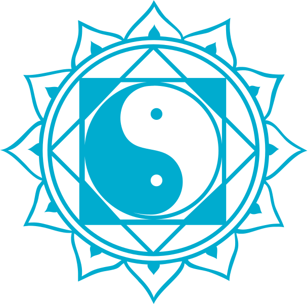 Ein blaues Ying-Yang-Symbol in der Mitte eines geometrischen Musters mit 12 spitzen Zacken auf einem schwarzen Hintergrund. WU-MA Linie Mandala, Daoismus, Yin Yang, verbogene Prinzipien