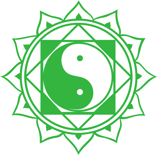 Ein grünes Symbol, das das Yin-Yang-Symbol in der Mitte mit umgebenden geometrischen Mustern und einer Sonnenblumenform zeigt. WU-MA Linie Mandala, Daoismus, Yin Yang, verbogene Prinzipien.