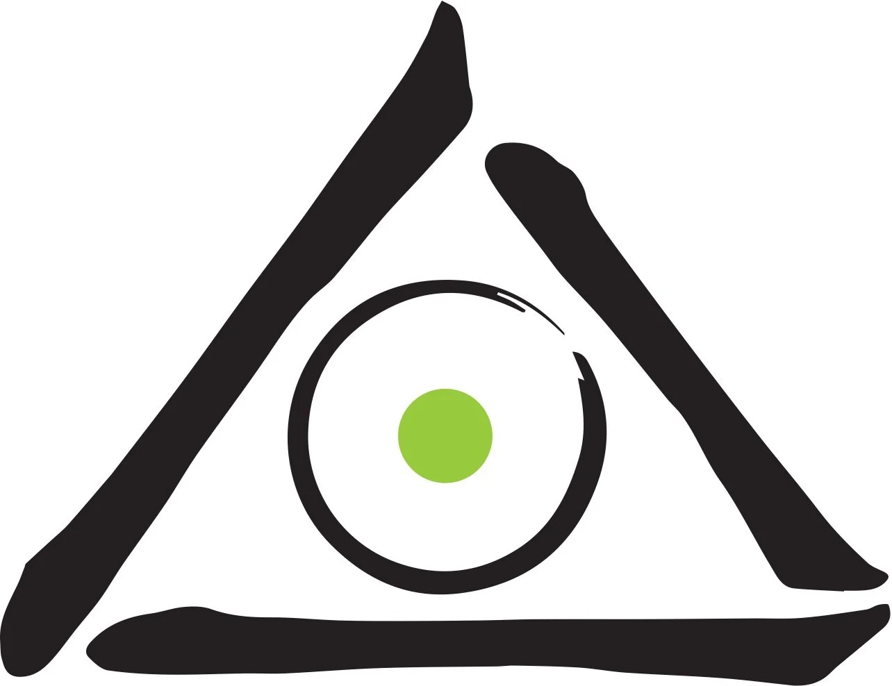 Symbol für Gefahr oder Warnung, bestehend aus einem schwarzen Dreieck mit schwarzem Punkt in der Mitte und einem grünen Kreis in der Mitte
