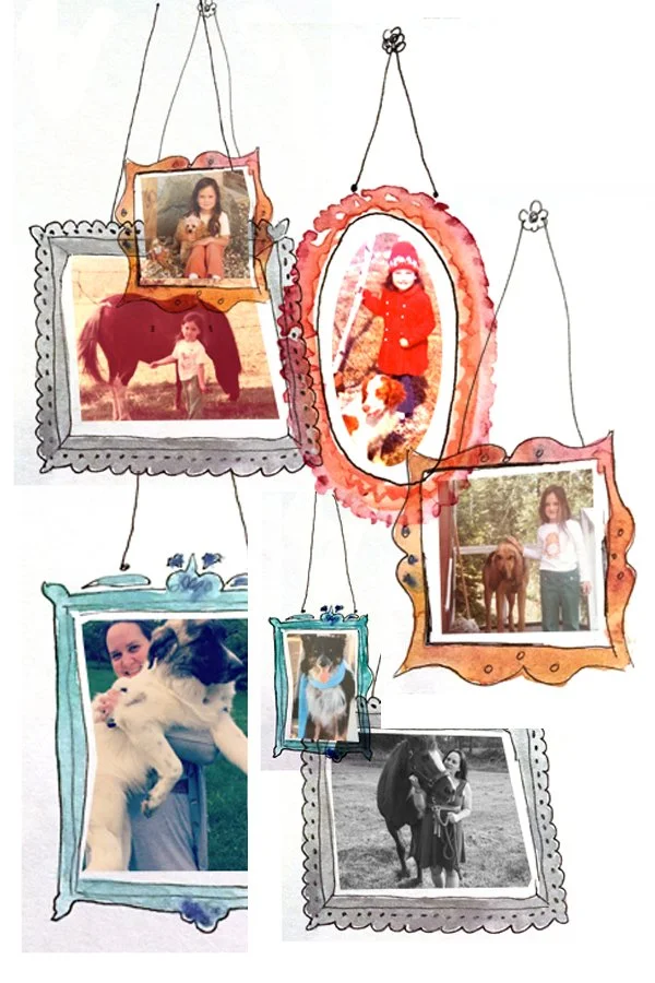 Collage of six framed photographs of the artist with pets, hanging with strings on a white background.