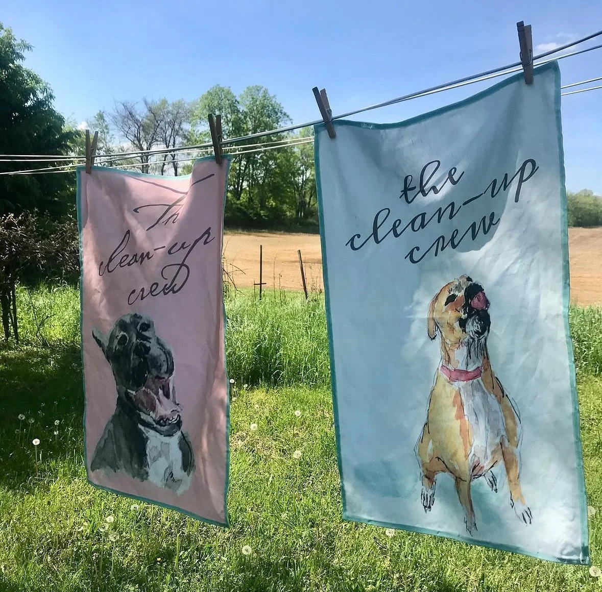 'Clean Up Crew' Hand-Painted Dog Cotton Linen Tea Towels