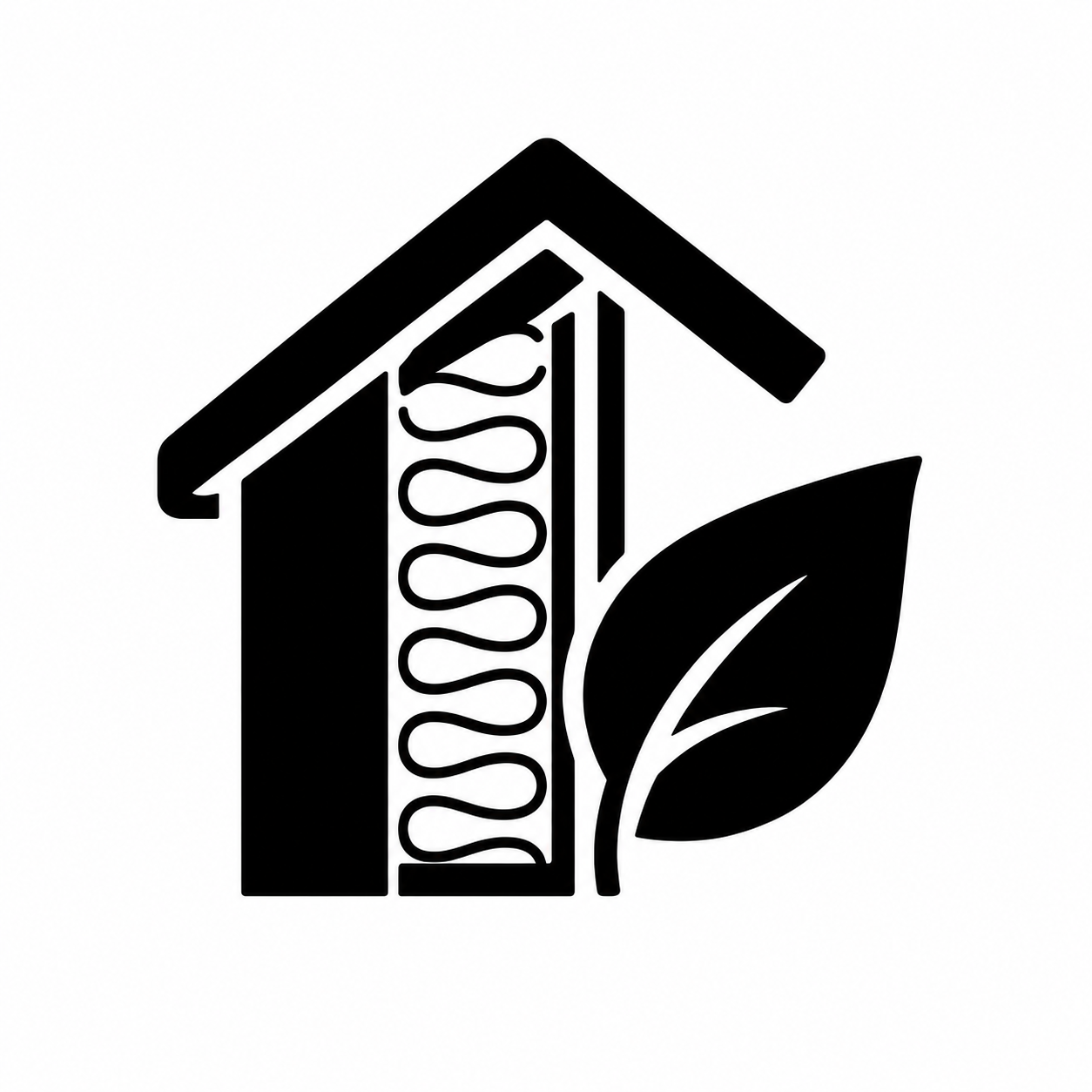 Black and white icon of a house with a leaf on the side, representing eco-friendly or sustainable living.