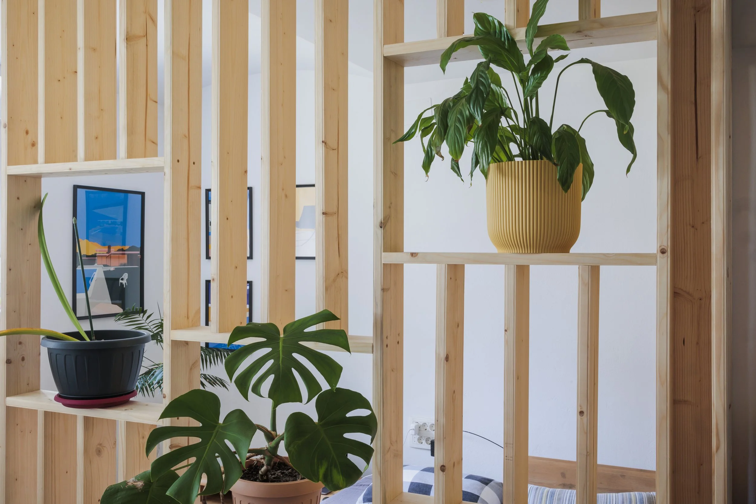 Indoor space with wooden room divider and potted plants, including a large Monstera plant in the foreground, and framed artworks visible in the background.