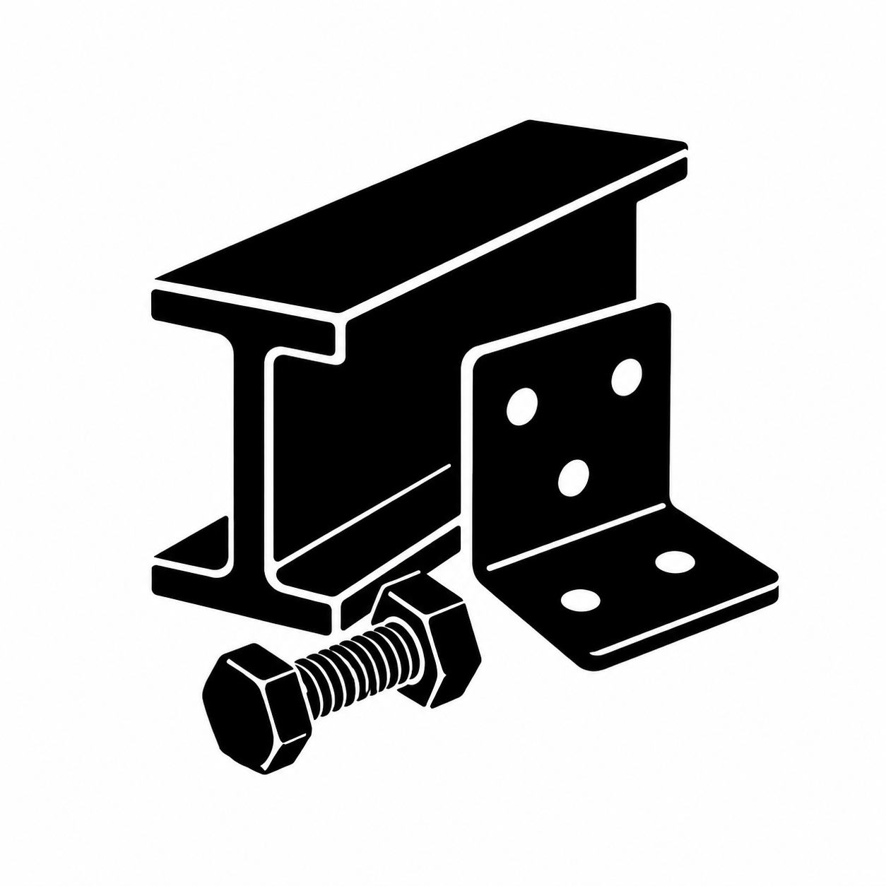 Black and white illustration of a metal clamp, a bolt, and metal brackets.