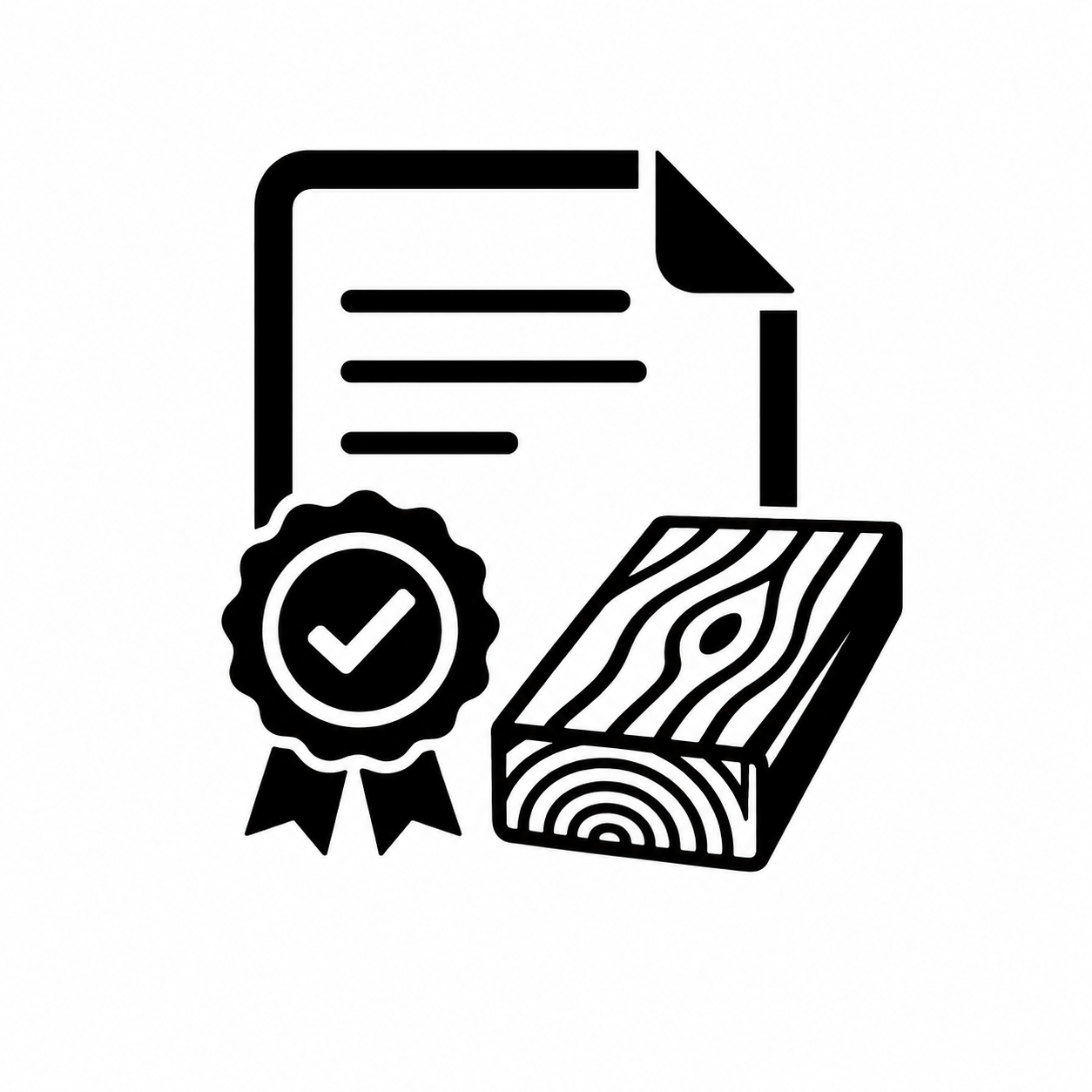 Icon of a certificate with a badge and a piece of wood, symbolizing quality certification or approval for wood products.