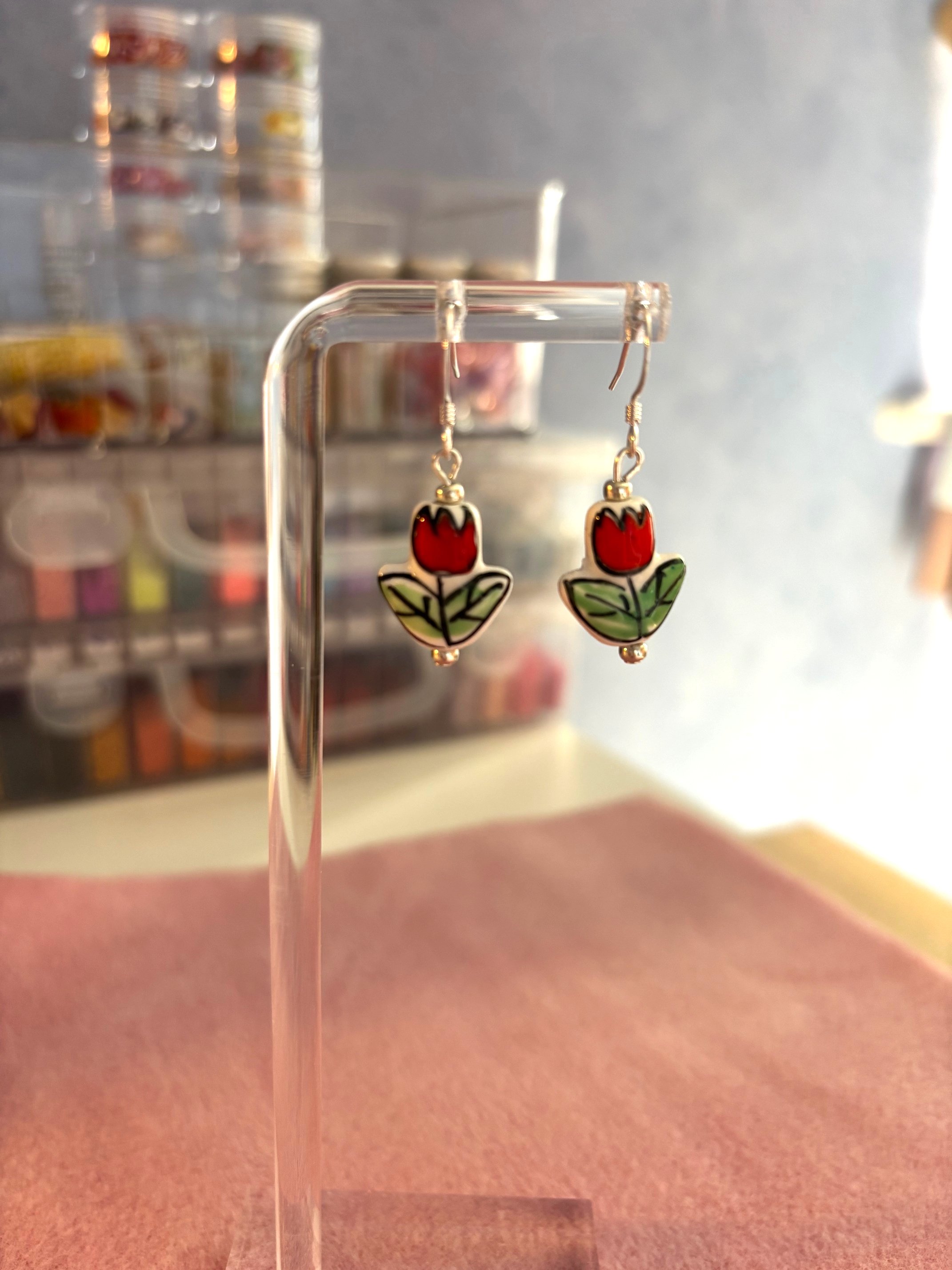 Porcelain Tulip Earrings - In Red
