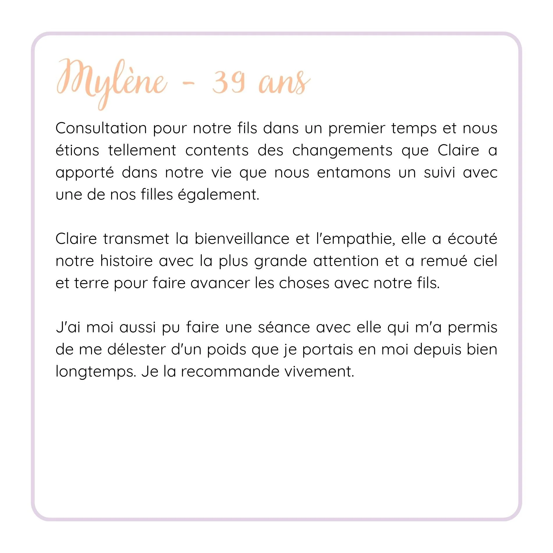 Une page de texte avec un en-tête en style manuscrit indiquant le nom Myline et l'âge 39 ans, sur un fond blanc avec une bordure lilas.