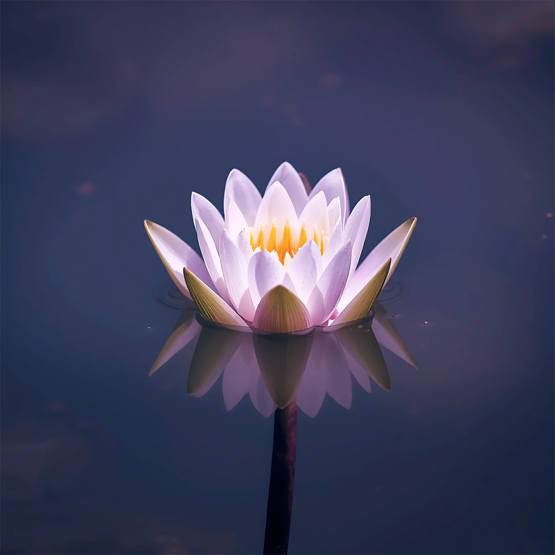 Une fleur de lotus blanche avec un centre jaune, flottant sur l'eau calme, reflet de la fleur visible à la surface, ciel sombre en arrière-plan.