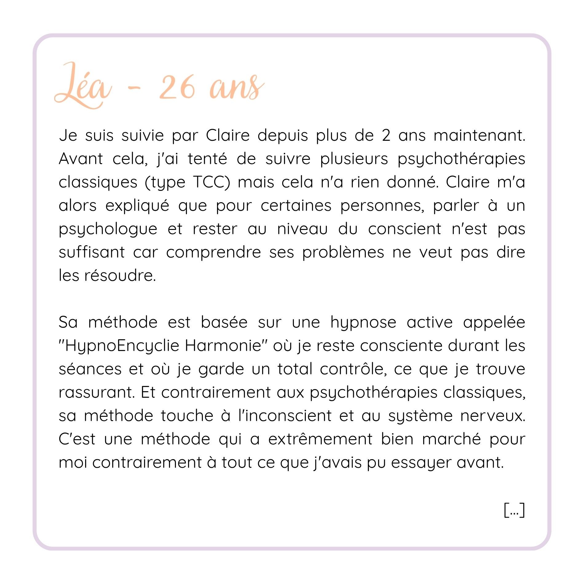 Page de texte avec titre en orange "Léa - 26 ans" et paragraphe en français expliquant l'expérience et la méthode de l'auteure avec un fond blanc et une bordure violette claire.