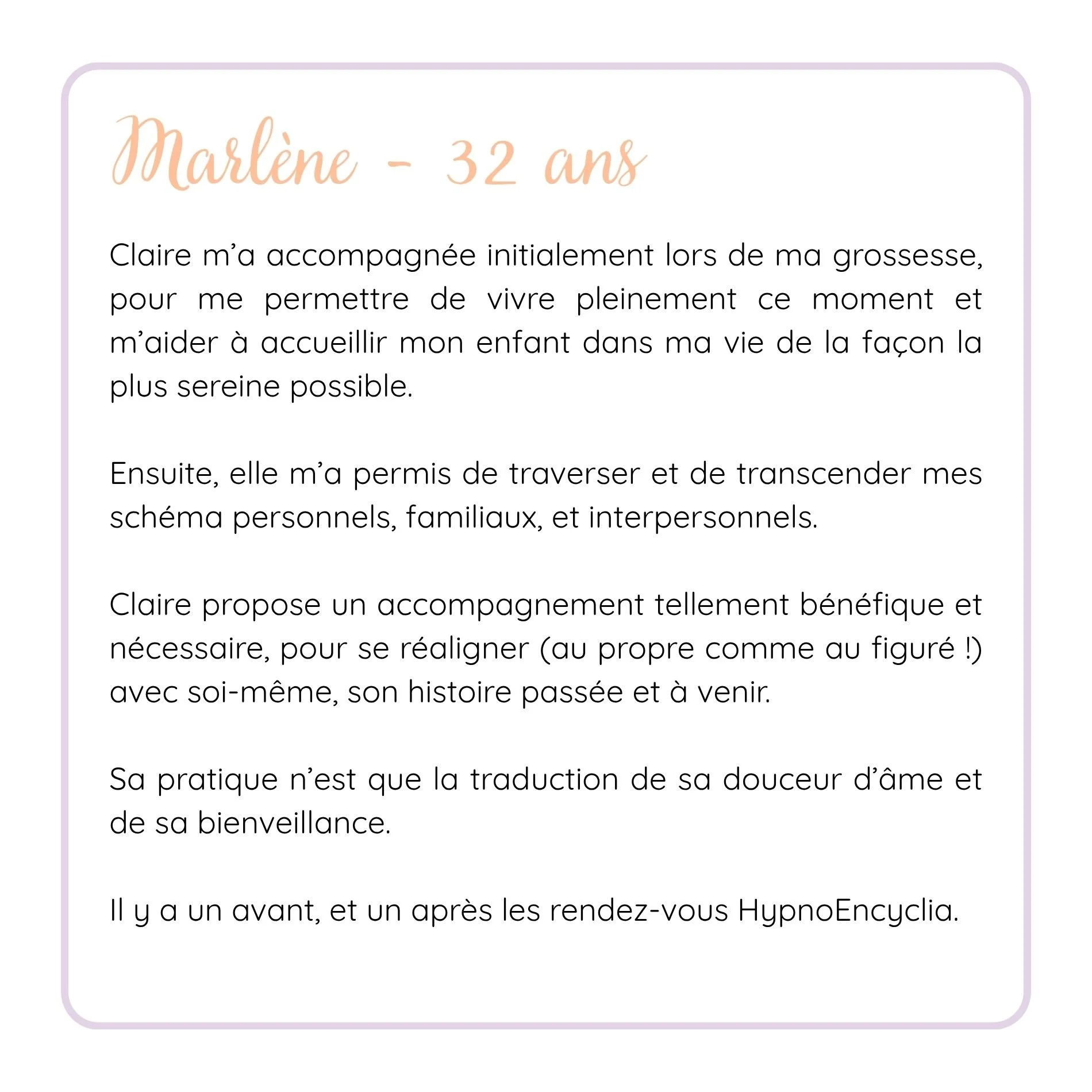 A card with the name 'Marlène', age '32 ans', and a paragraph of French text describing her experience and journey with personal growth, family, and self-awareness, surrounded by a light purple border.