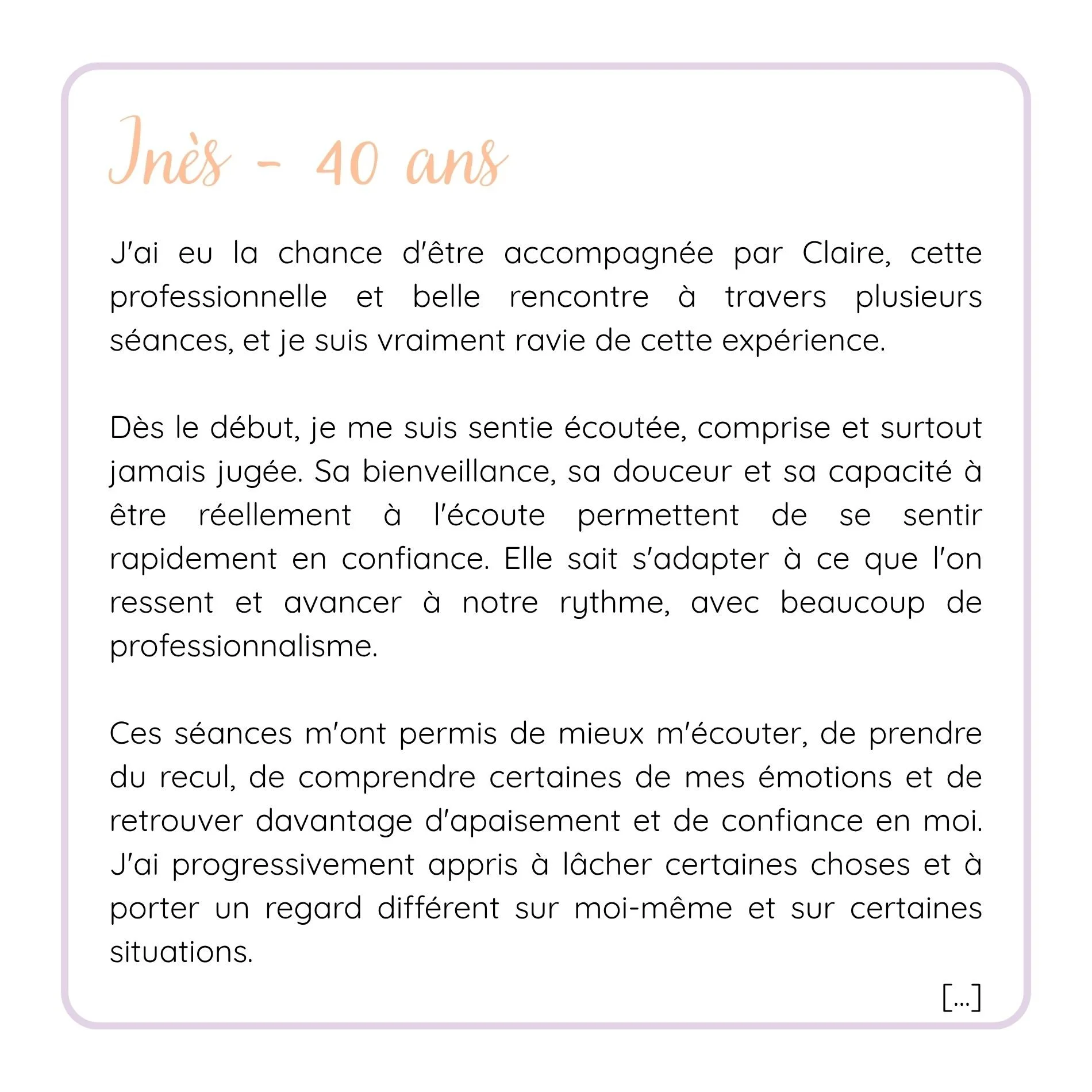 page d'un texte en français écrit dans une boîte de dialogue avec une bordure violet clair, écriture cursive dans le titre, texte en police simple, fond blanc.
