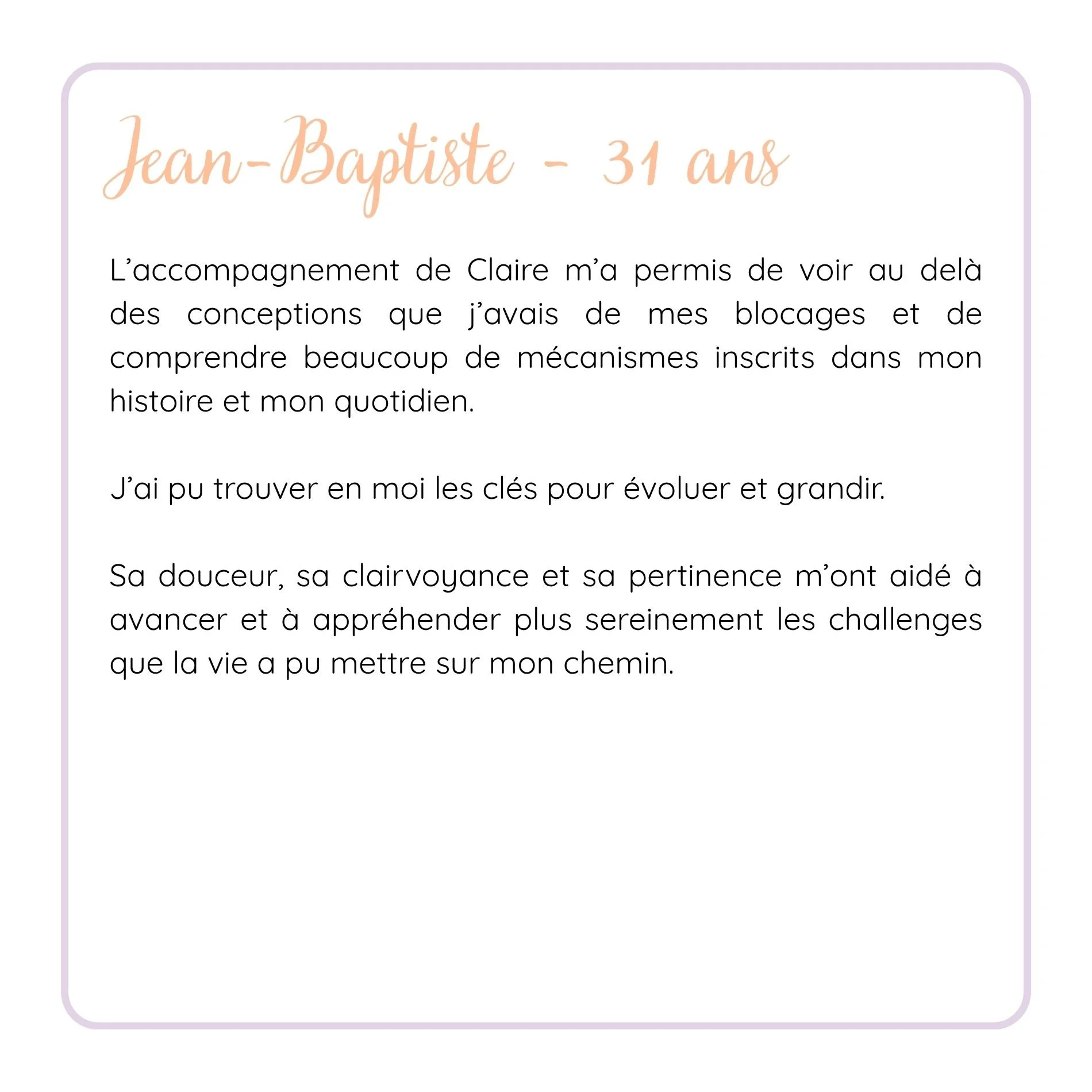 Page affichant un texte en français avec le nom Jean-Baptiste, 31 ans, dans une décoration élégante avec un cadre violet clair.