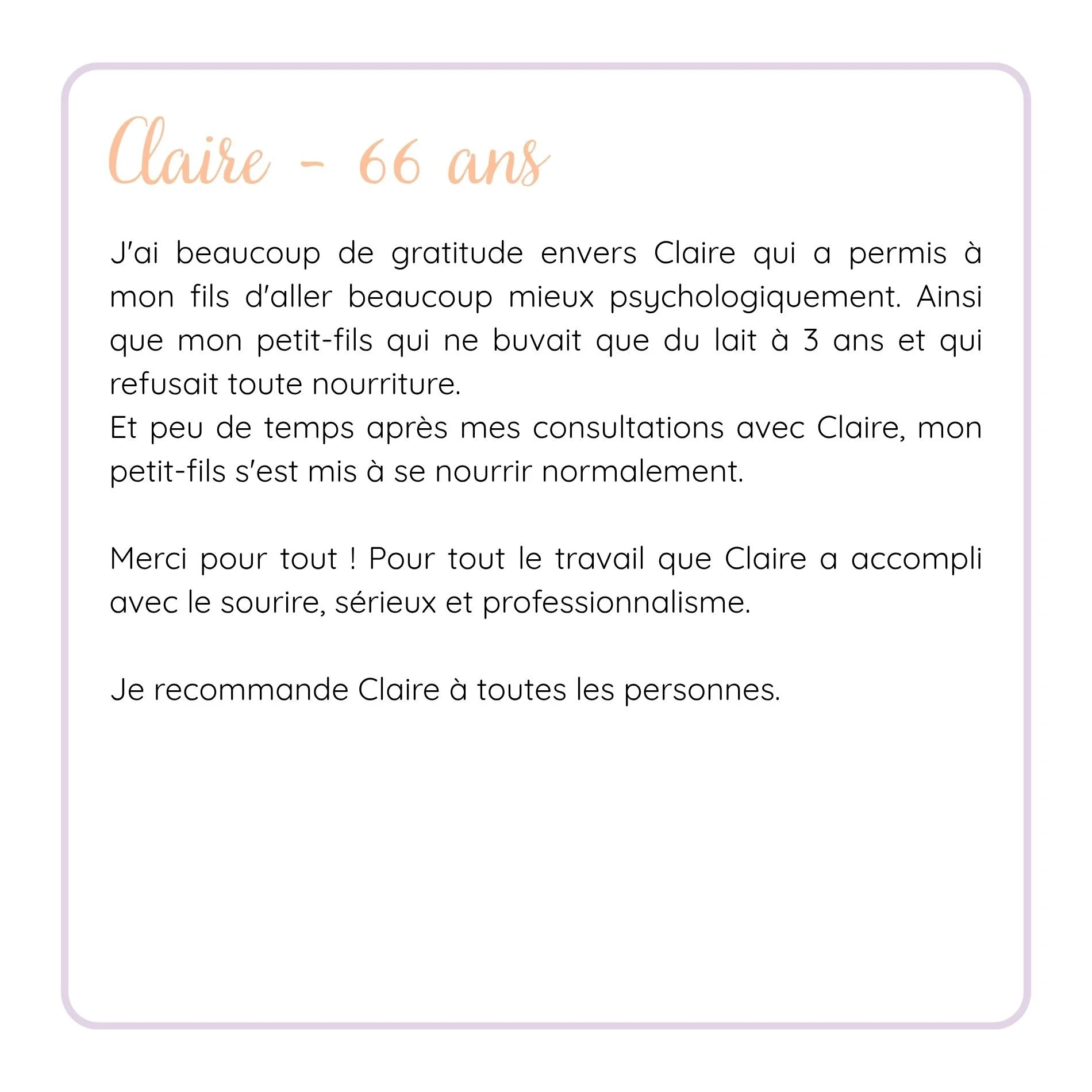 Page de lettre manuscrite avec texte en français, titre en orange 'Claire - 66 ans', fond blanc, bordure violette