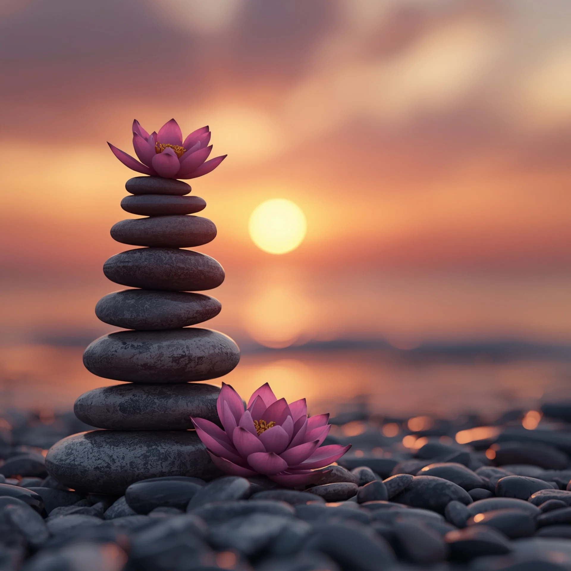 Une composition de pierres empilées, avec une fleur de lotus rose en bas et une autre fleur rose en haut, au coucher du soleil, sur une plage rocheuse.