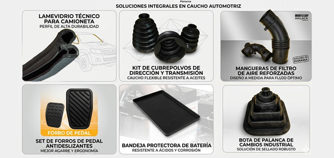 Repuestos de caucho automotriz en Panama: lamevidrios, perfiles, kit de cubrepolvos, bandejas protectoras de bateria y botas de palanca.