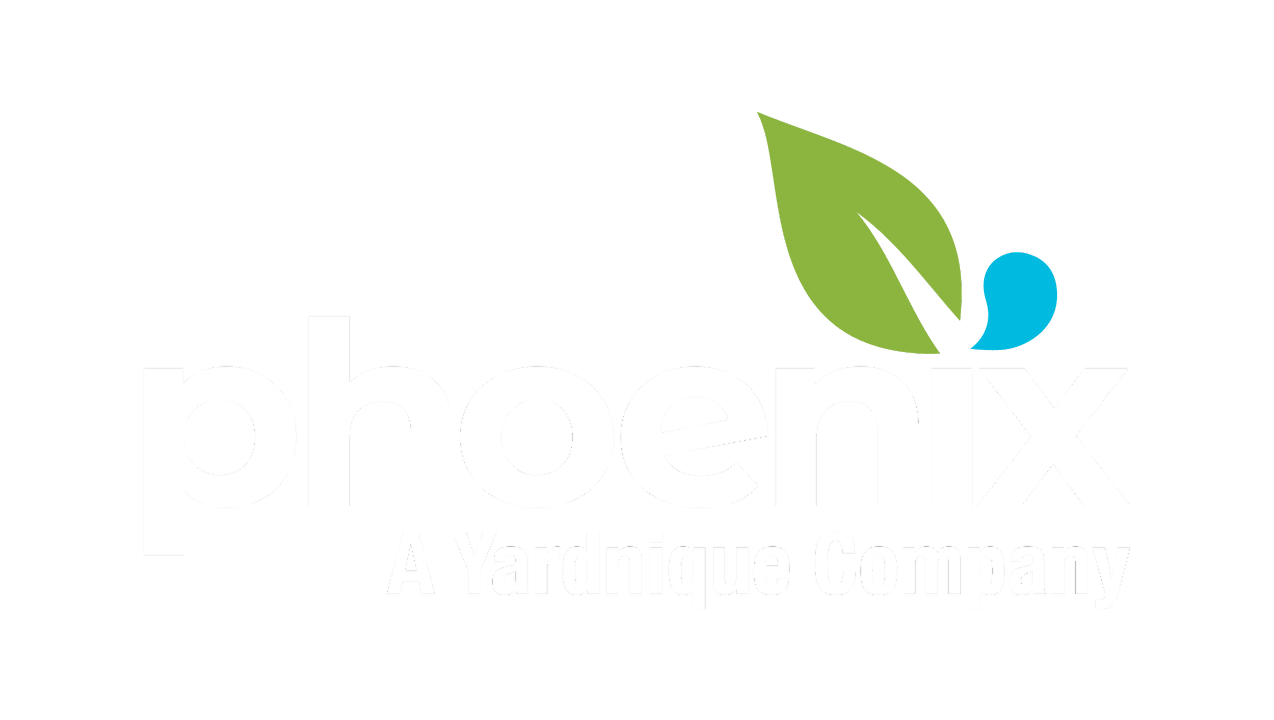 Phoenix Yard, a landscaping company logo featuring a green leaf and a blue raindrop above the word 'phoenix' in large white letters, with the tagline 'A Yardnique Company' below.