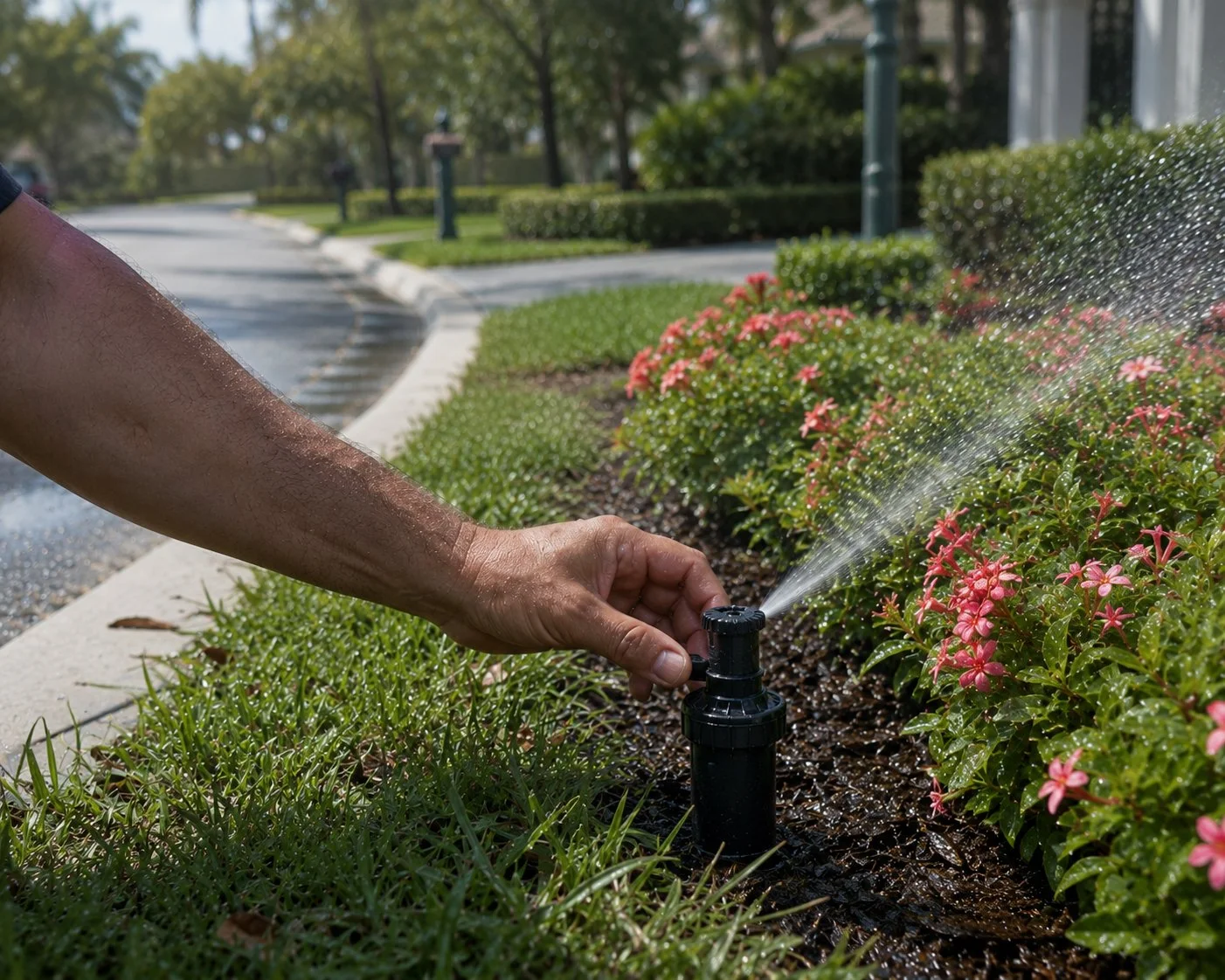 A person watering pink flowers with a garden hose in a well-maintained garden bed.