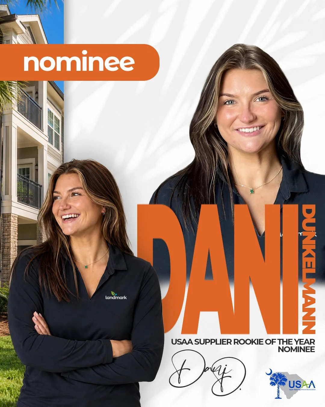 Big congratulations to Landmark Business Developer Dani Dunkelmann, who has been nominated for Supplier Rookie of the Year in the Upper State Apartment Association&rsquo;s 2026 Excellence Awards!

Since joining our team early this year, Dani has made