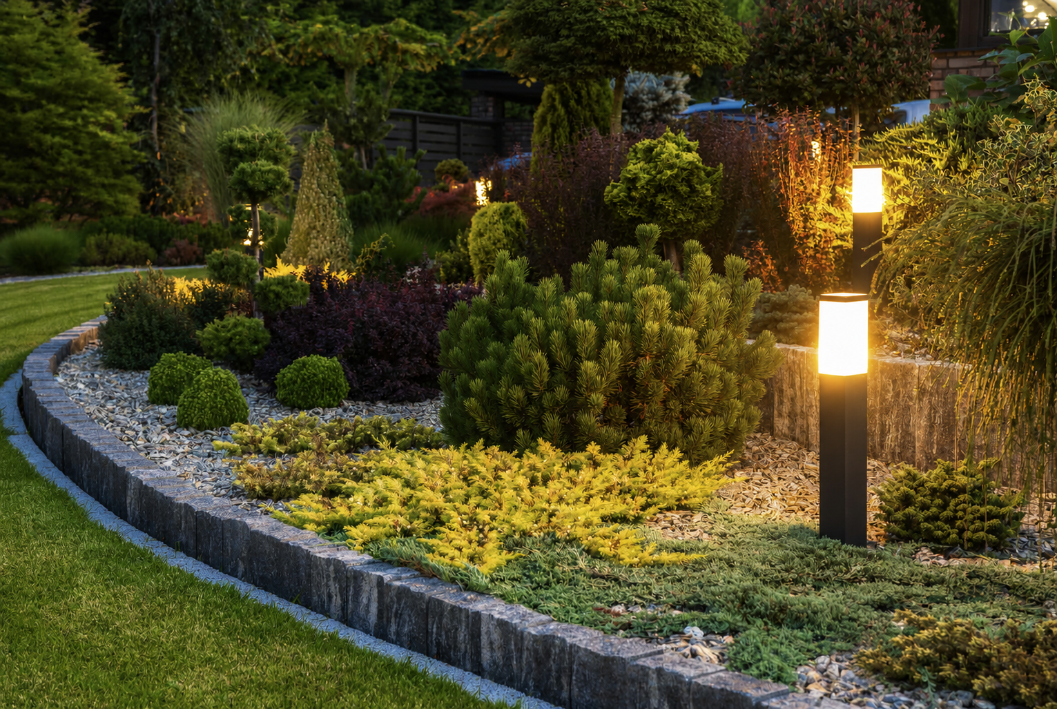 A landscaped garden at dusk with various green plants and small trees, illuminated by modern landscape lights along a curved stone border.