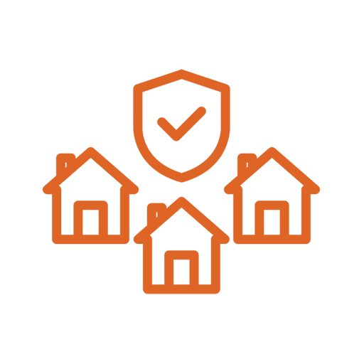 Icons of three houses with a shield and checkmark above them, representing home security or property protection.