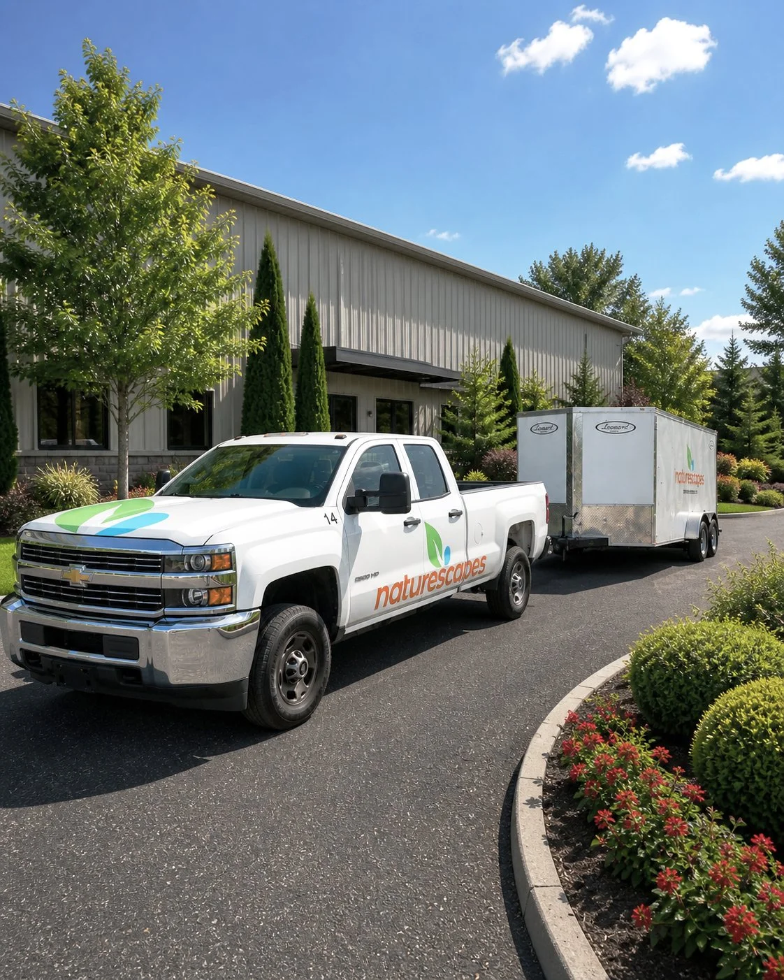 A white truck with 'naturescapes' logo parked next to a landscaped area with bushes and flowers, pulling a trailer, in front of a large gray building under a blue sky with clouds.