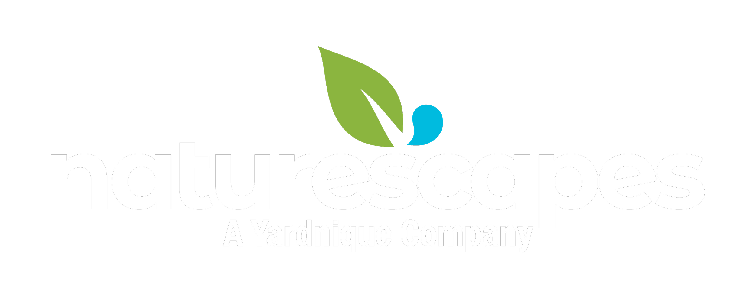 Naturescapes logo featuring a green leaf and blue droplet above the company name, with the tagline 'A Yardnique Company' below, all on a black background.